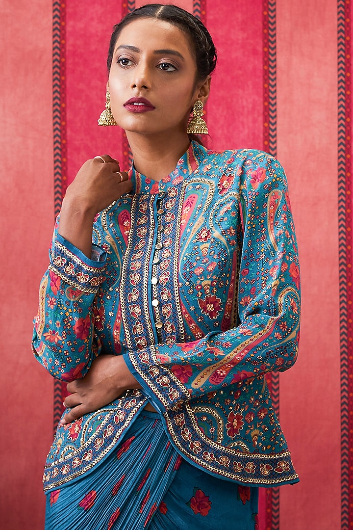 Teal Green Crepe Printed Draped Skirt Set by Soup by Sougat Paul at Pernia's Pop Up Shop