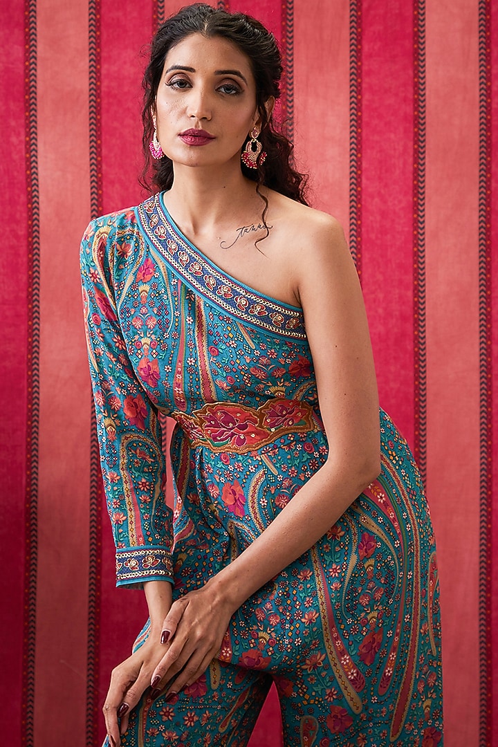 Teal Blue Crepe Embellished One-Shoulder Jumpsuit With Belt by Soup by Sougat Paul at Pernia's Pop Up Shop