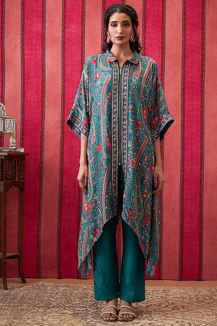 Teal Green Crepe Embroidered Asymmetric Kurta Set by Soup by Sougat Paul