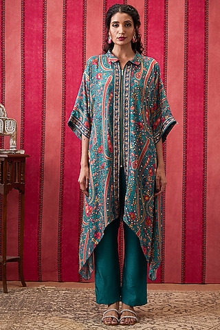 Teal Green Crepe Embroidered Asymmetric Kurta Set by Soup by Sougat Paul