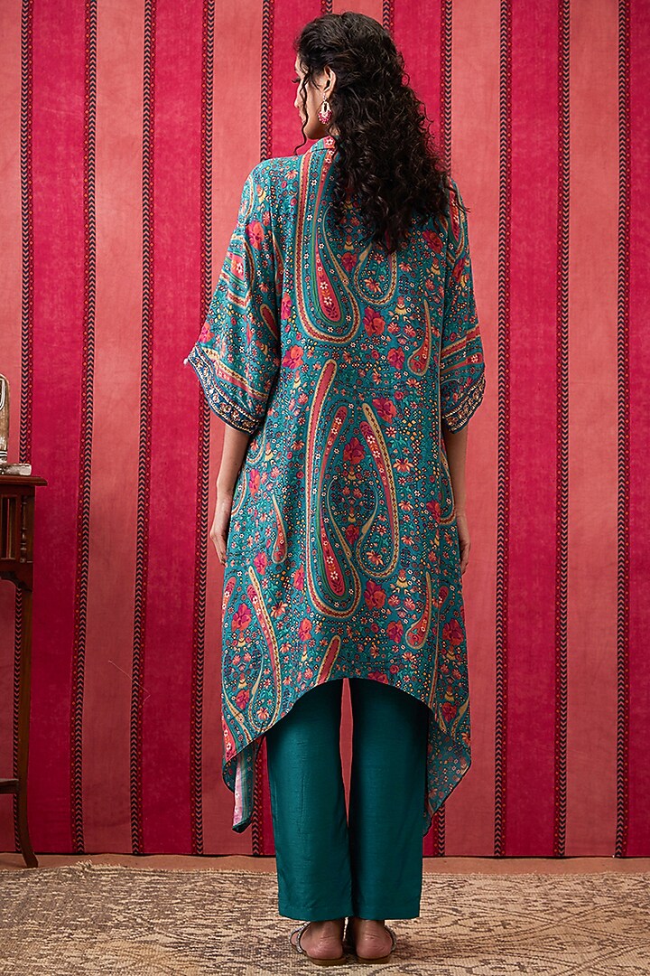 Teal Green Crepe Embroidered Asymmetric Kurta Set by Soup by Sougat Paul at Pernia's Pop Up Shop