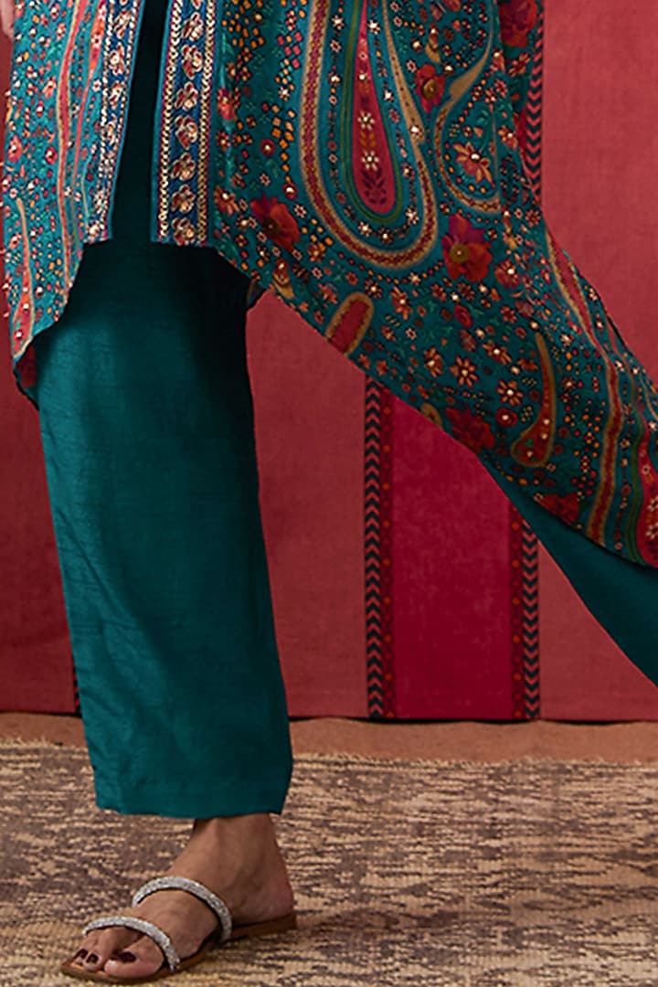 Teal Green Crepe Embroidered Asymmetric Kurta Set by Soup by Sougat Paul at Pernia's Pop Up Shop
