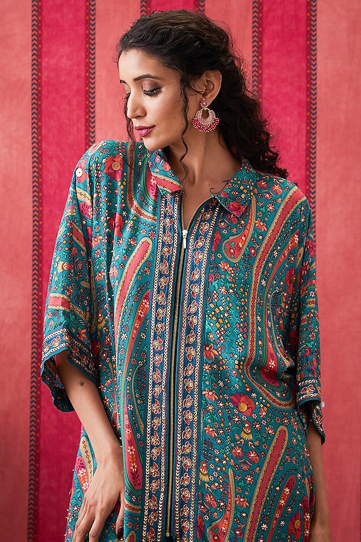 Teal Green Crepe Embroidered Asymmetric Kurta Set by Soup by Sougat Paul at Pernia's Pop Up Shop