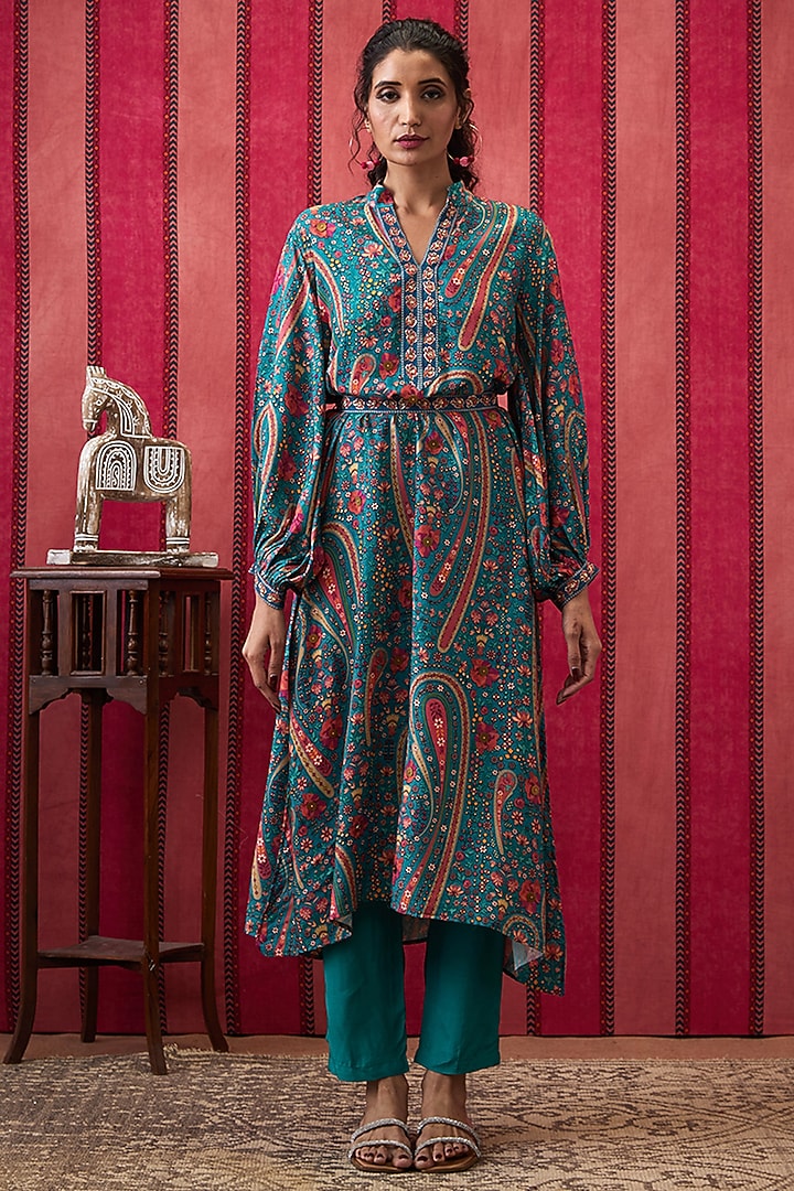 Teal Green Crepe Embroidered Kurta Set by Soup by Sougat Paul at Pernia's Pop Up Shop