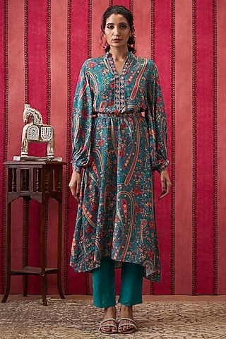 Teal Green Crepe Embroidered Kurta Set by Soup by Sougat Paul