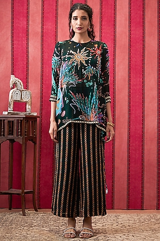 Bottle Green Crepe Printed Co-Ord Set by Soup by Sougat Paul