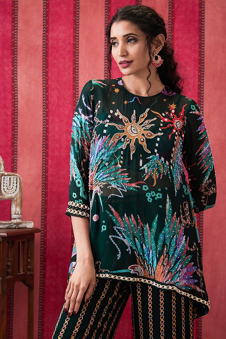 Bottle Green Crepe Printed Co-Ord Set by Soup by Sougat Paul at Pernia's Pop Up Shop