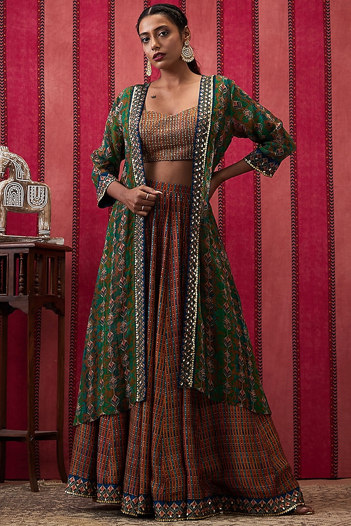 Multi-Colored Malaysian Silk Embroidered Jacket Lehenga Set by Soup by Sougat Paul