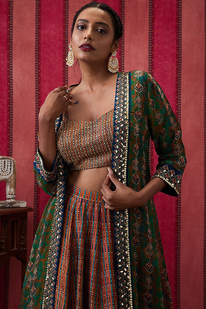 Multi-Colored Malaysian Silk Embroidered Jacket Lehenga Set by Soup by Sougat Paul at Pernia's Pop Up Shop