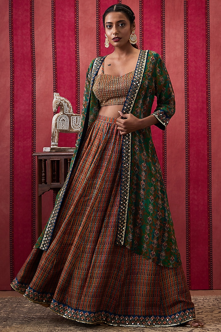 Multi-Colored Malaysian Silk Embroidered Jacket Lehenga Set by Soup by Sougat Paul at Pernia's Pop Up Shop