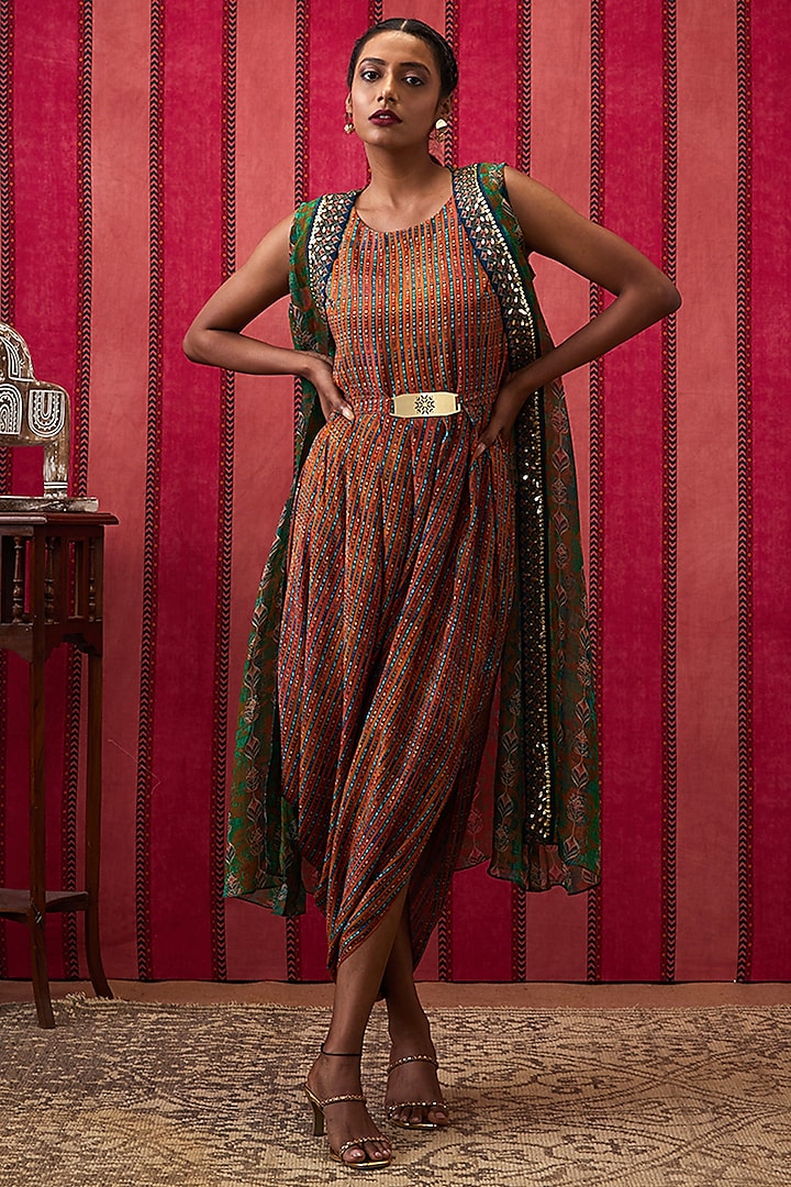Multi-Colored Malaysian Silk Printed Draped Dress With Embroidered Cape by Soup by Sougat Paul