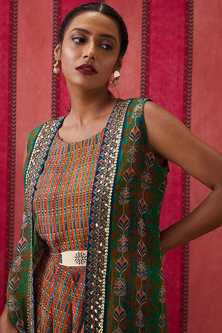 Multi-Colored Malaysian Silk Printed Draped Vacation Dress With Embroidered Cape by Soup by Sougat Paul at Pernia's Pop Up Shop