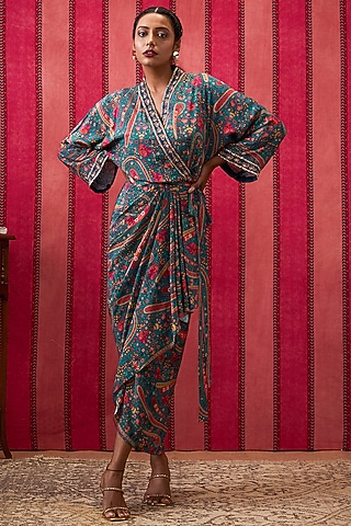Teal Green Crepe Embroidered Draped Dress by Soup by Sougat Paul