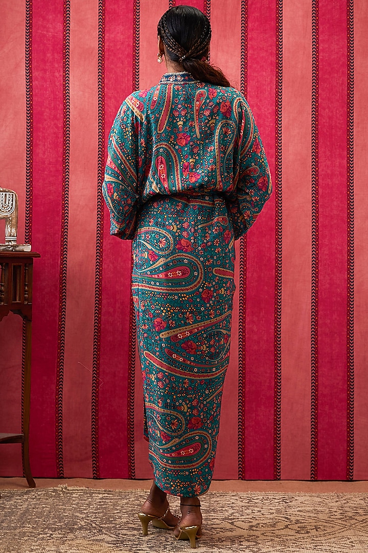 Teal Green Crepe Embroidered Draped Vacation Dress by Soup by Sougat Paul at Pernia's Pop Up Shop