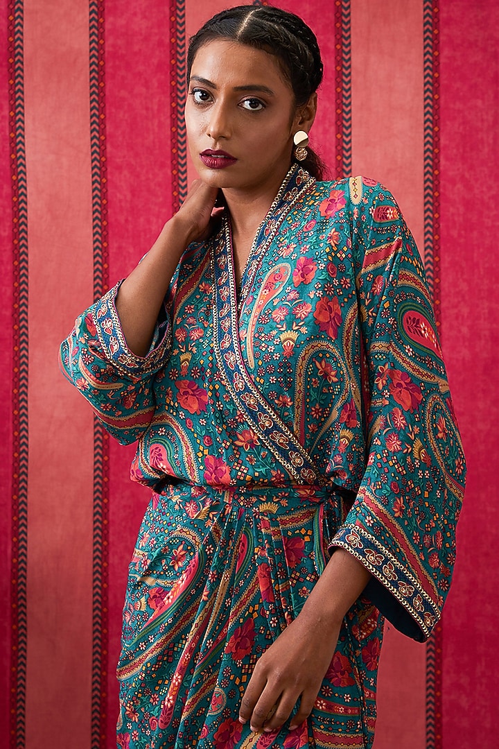 Teal Green Crepe Embroidered Draped Vacation Dress by Soup by Sougat Paul at Pernia's Pop Up Shop