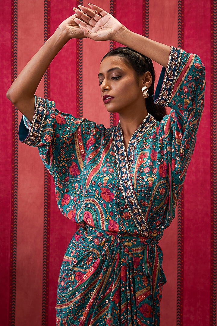 Teal Green Crepe Embroidered Draped Vacation Dress by Soup by Sougat Paul at Pernia's Pop Up Shop
