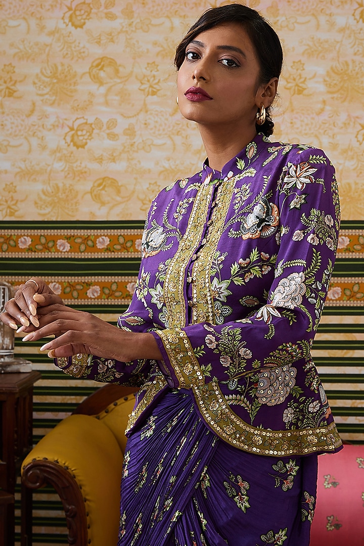 Purple Crepe Draped Skirt Set by Soup by Sougat Paul at Pernia's Pop Up Shop