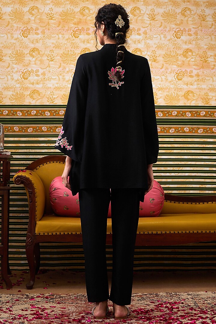 Black Chanderi Silk Applique Work Co-Ord Set by Soup by Sougat Paul at Pernia's Pop Up Shop