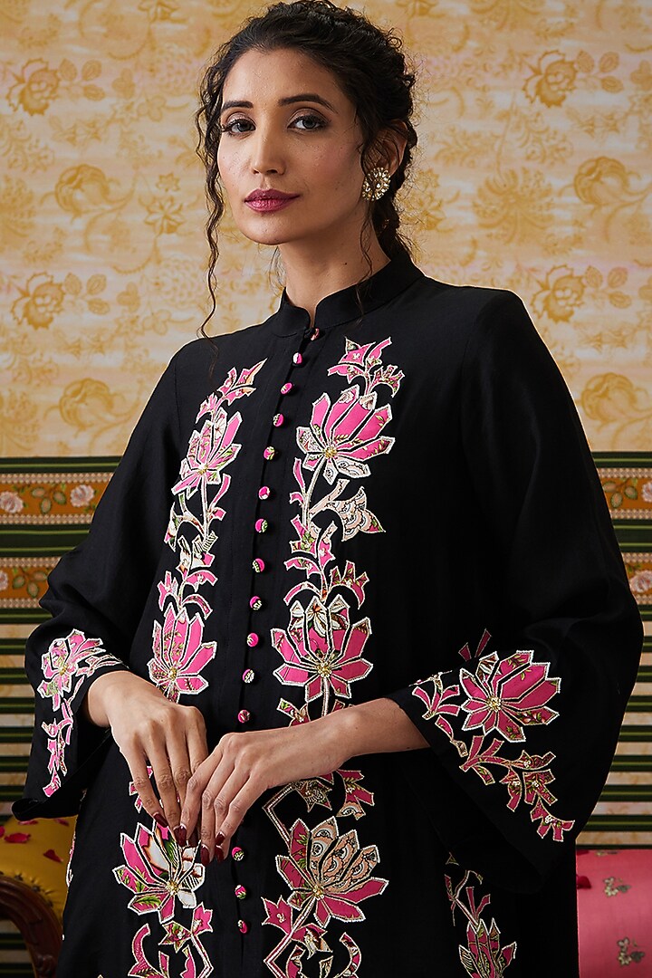 Black Chanderi Silk Applique Work Co-Ord Set by Soup by Sougat Paul at Pernia's Pop Up Shop