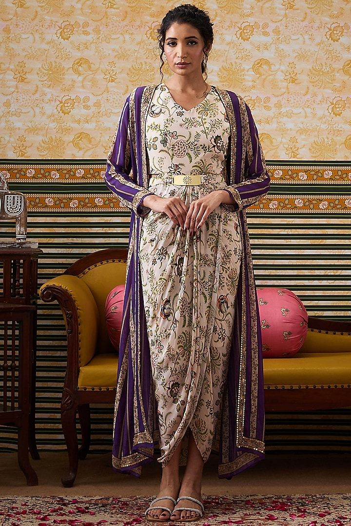 Beige Malaysian Silk Draped Dress With Printed Cape by Soup by Sougat Paul