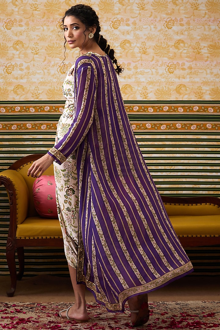 Beige Malaysian Silk Draped Vacation Dress With Printed Cape by Soup by Sougat Paul at Pernia's Pop Up Shop