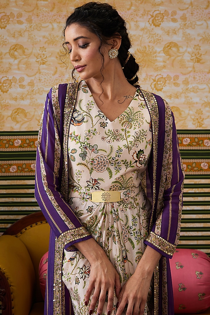 Beige Malaysian Silk Draped Vacation Dress With Printed Cape by Soup by Sougat Paul at Pernia's Pop Up Shop