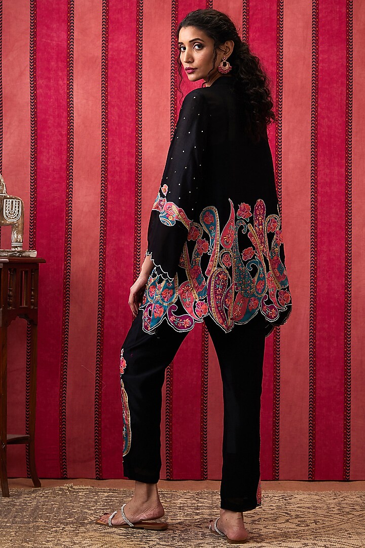 Black Chanderi Silk Applique Work Co-Ord Set by Soup by Sougat Paul at Pernia's Pop Up Shop