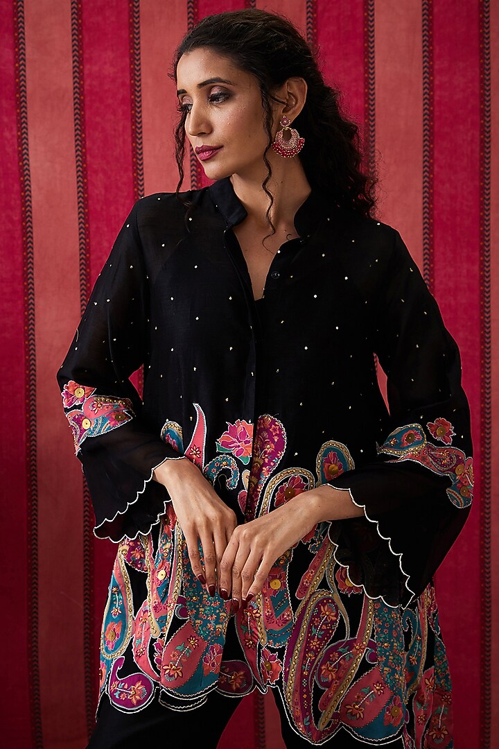 Black Chanderi Silk Applique Work Co-Ord Set by Soup by Sougat Paul at Pernia's Pop Up Shop