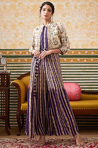 Purple Crepe Printed Jumpsuit With Jacket by Soup by Sougat Paul