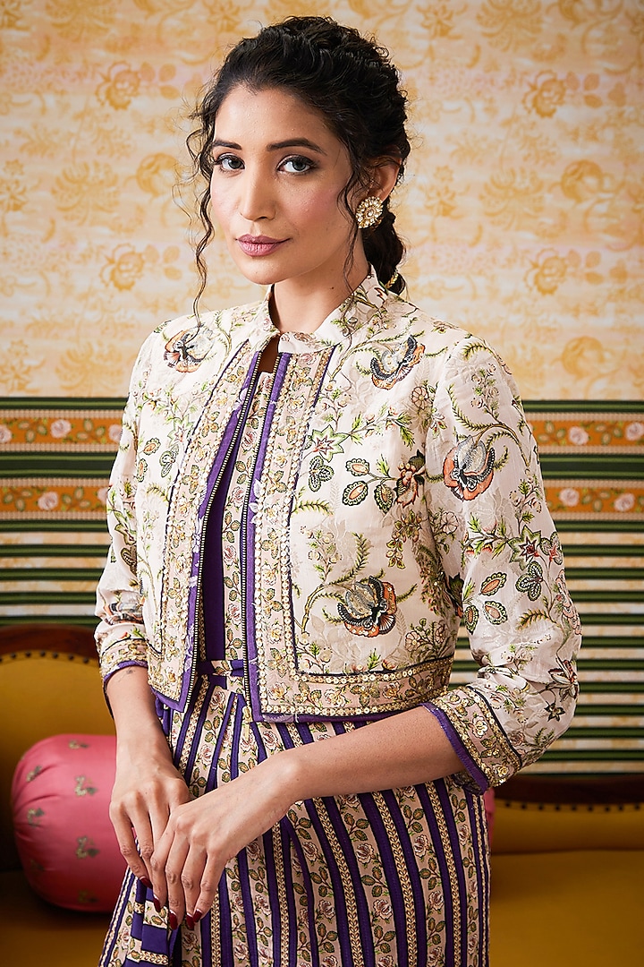Purple Crepe Printed Jumpsuit With Jacket by Soup by Sougat Paul at Pernia's Pop Up Shop