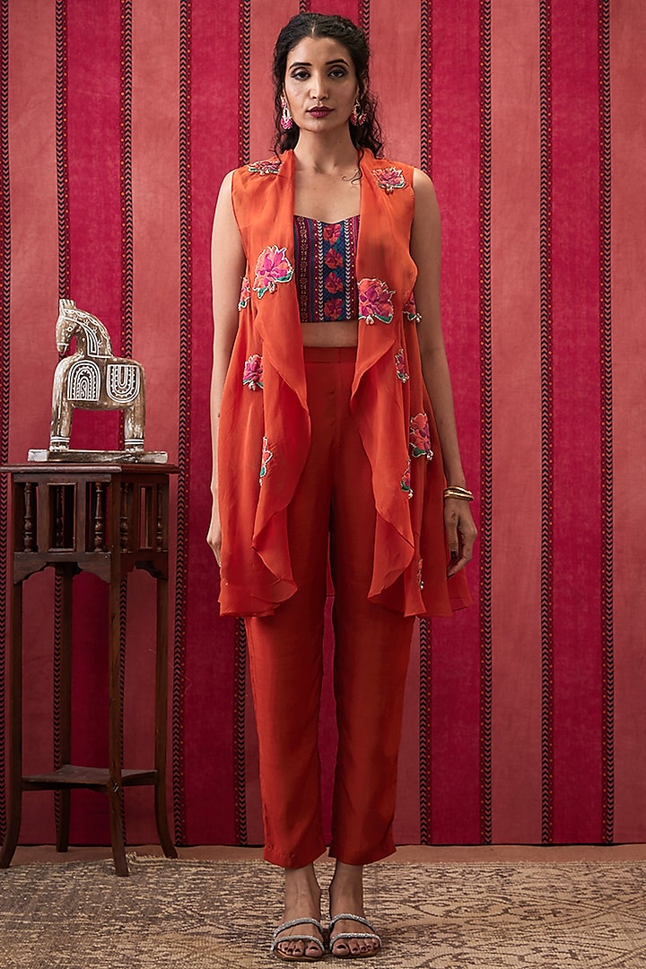 Orange Malaysian Silk Printed High-Low Jacket Set by Soup by Sougat Paul