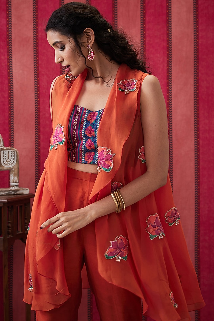 Orange Malaysian Silk Printed High-Low Jacket Set by Soup by Sougat Paul at Pernia's Pop Up Shop