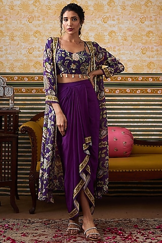 Purple Organza Printed Jacket Set by Soup by Sougat Paul