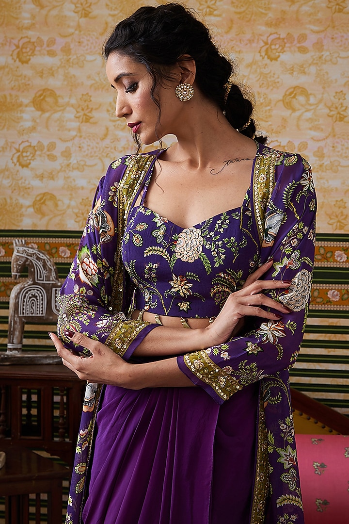 Purple Organza Printed Jacket Set by Soup by Sougat Paul at Pernia's Pop Up Shop