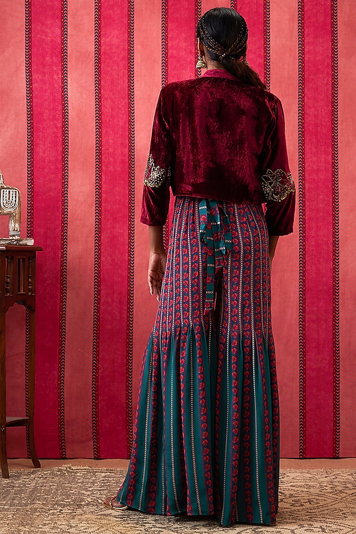 Teal Green Crepe Embroidered Jumpsuit With Jacket by Soup by Sougat Paul at Pernia's Pop Up Shop