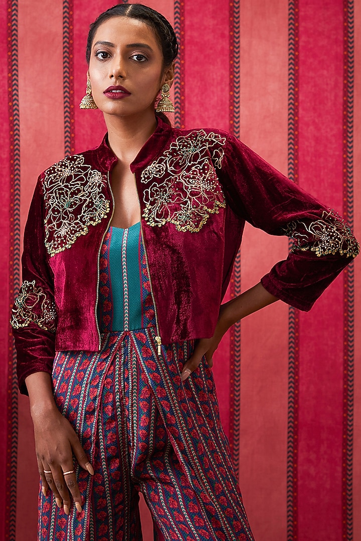 Teal Green Crepe Embroidered Jumpsuit With Jacket by Soup by Sougat Paul at Pernia's Pop Up Shop