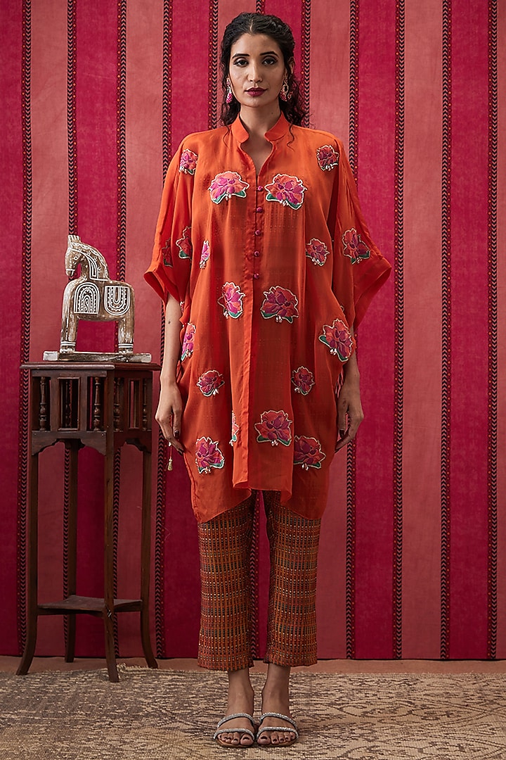 Rust Organza Embellished Kimono Cape Set by Soup by Sougat Paul