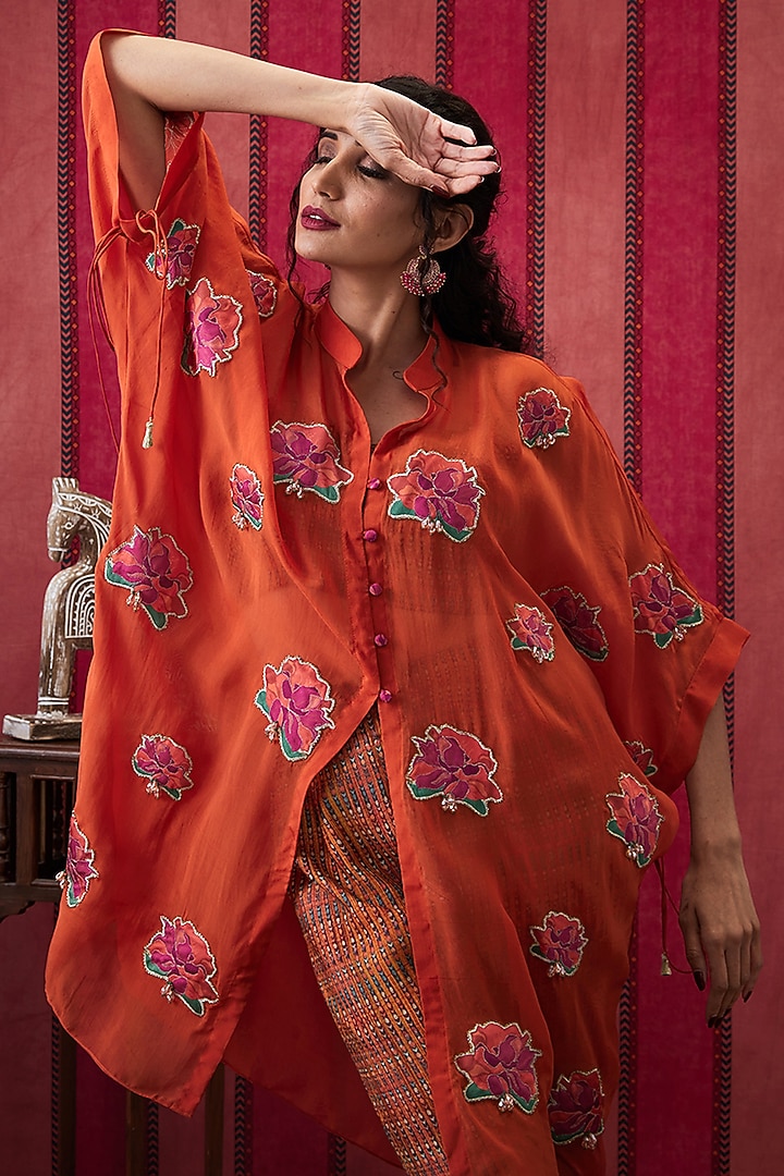 Rust Organza Embellished Kimono Cape Set by Soup by Sougat Paul at Pernia's Pop Up Shop
