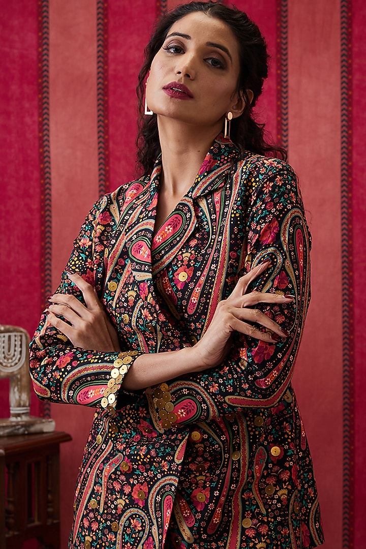 Black Malaysian Silk Embellished Co-Ord Set by Soup by Sougat Paul at Pernia's Pop Up Shop