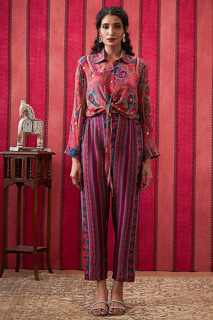 Multi-Colored Malaysian Silk Co-Ord Set by Soup by Sougat Paul