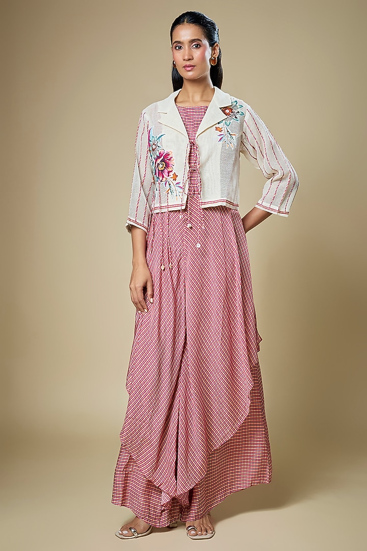 Red Cotton Silk Printed Jumpsuit With Jacket by Soup by Sougat Paul at Pernia's Pop Up Shop