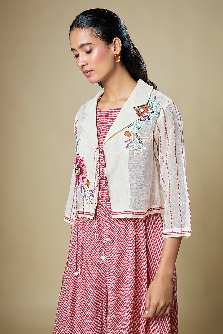 Red Cotton Silk Printed Jumpsuit With Jacket by Soup by Sougat Paul at Pernia's Pop Up Shop
