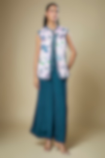 Teal Blue Crepe Jumpsuit With Embroidered Jacket by Soup by Sougat Paul at Pernia's Pop Up Shop