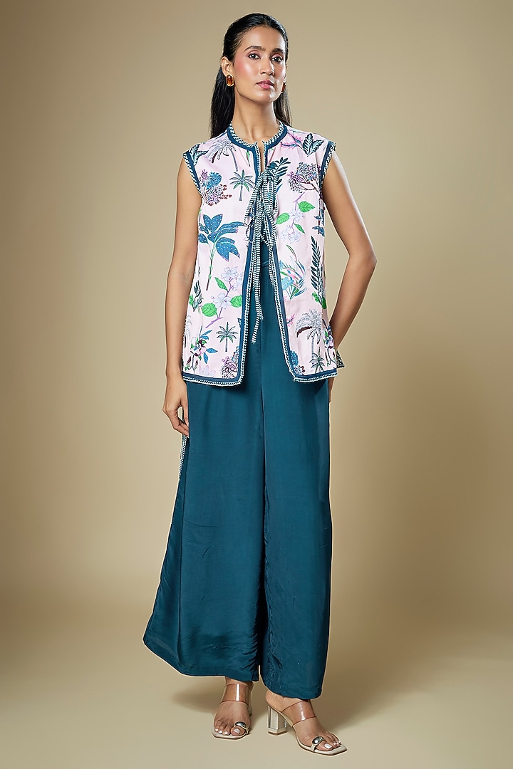 Teal Blue Crepe Jumpsuit With Embroidered Jacket by Soup by Sougat Paul at Pernia's Pop Up Shop