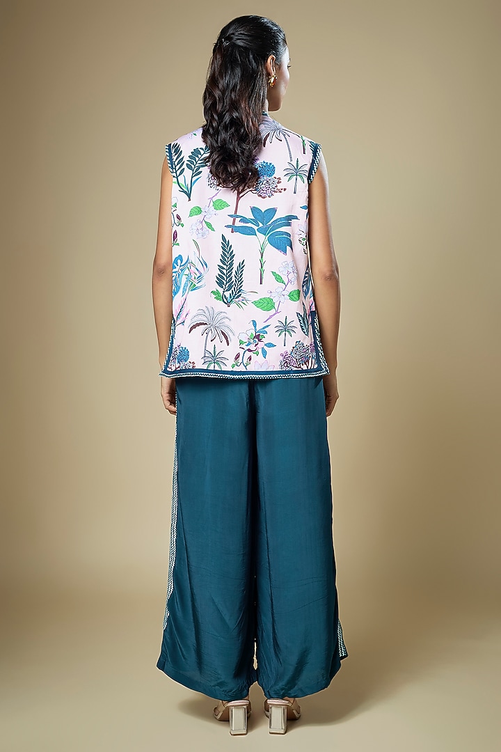 Teal Blue Crepe Jumpsuit With Embroidered Jacket by Soup by Sougat Paul at Pernia's Pop Up Shop