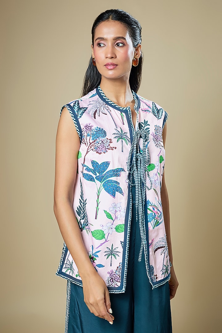 Teal Blue Crepe Jumpsuit With Embroidered Jacket by Soup by Sougat Paul at Pernia's Pop Up Shop