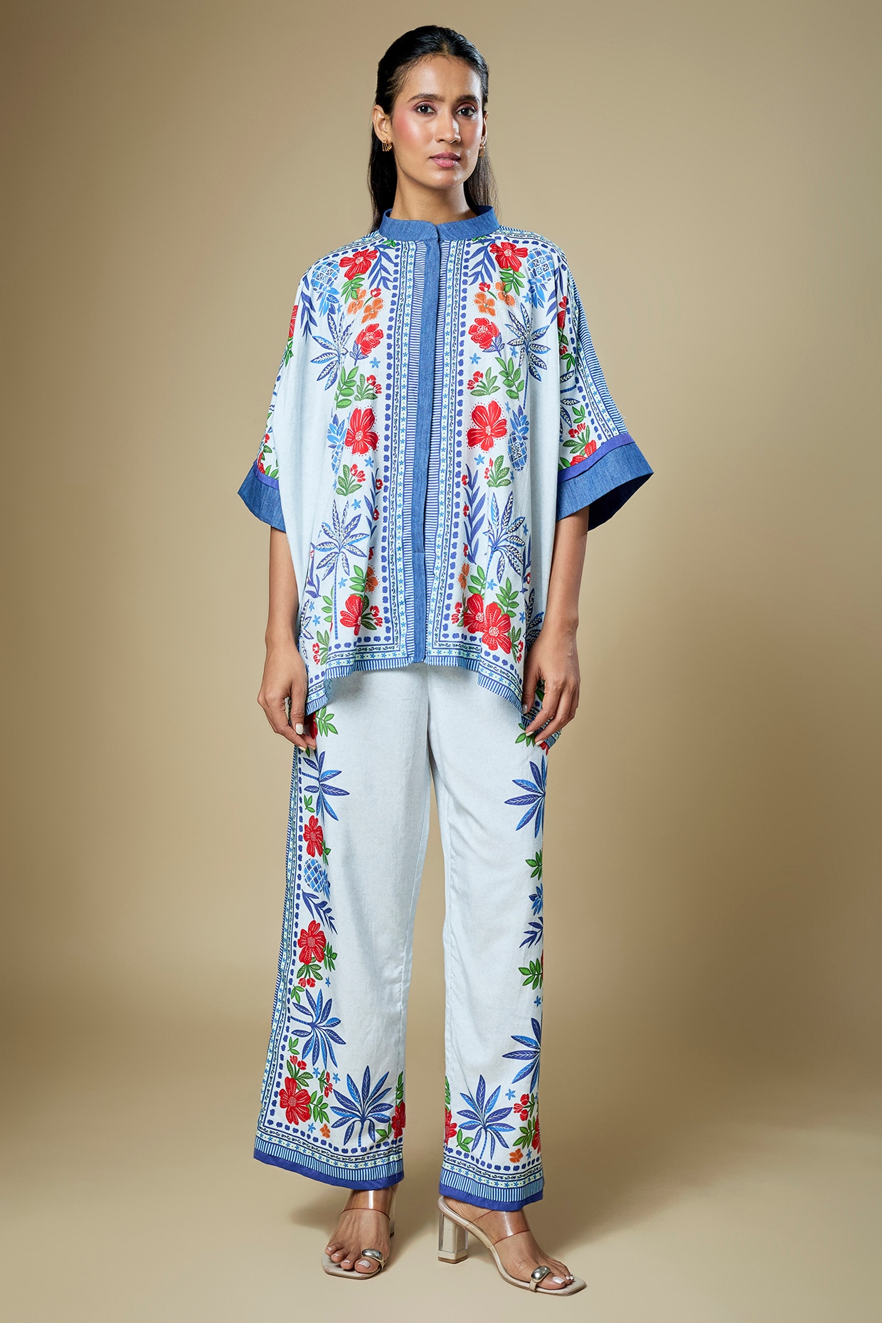Soup by Sougat Paul Off-White & Light Blue Cotton Twill Floral Printed Co-Ord Set