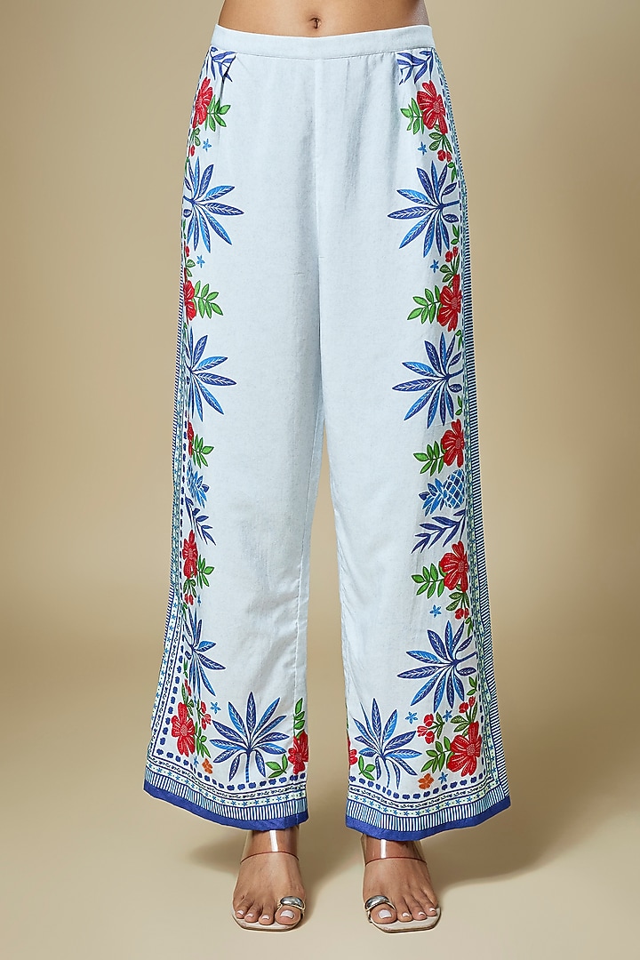 Off-White & Light Blue Cotton Twill Floral Printed Co-Ord Set by Soup by Sougat Paul at Pernia's Pop Up Shop