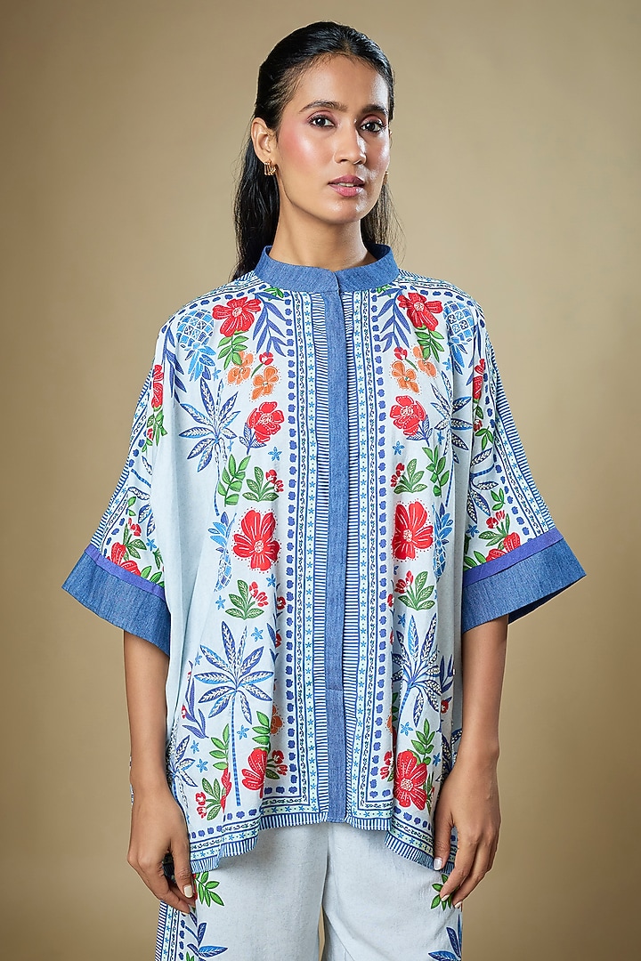 Off-White & Light Blue Cotton Twill Floral Printed Co-Ord Set by Soup by Sougat Paul at Pernia's Pop Up Shop