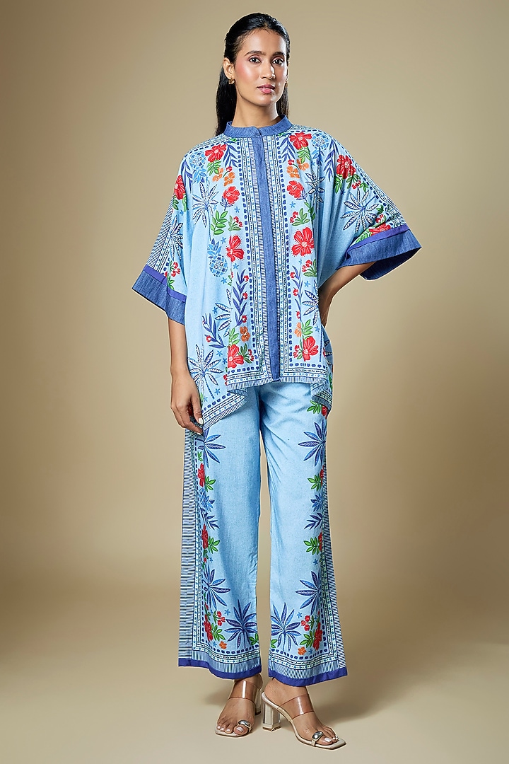 Blue Cotton Twill Floral Printed Co-Ord Set by Soup by Sougat Paul at Pernia's Pop Up Shop